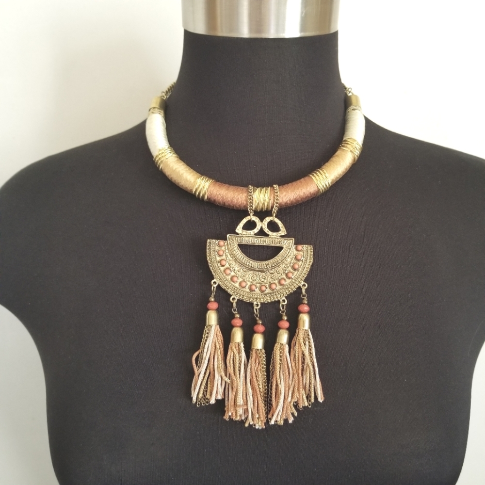 Gold Fringe Tribal Bead Fringe Statement Necklace